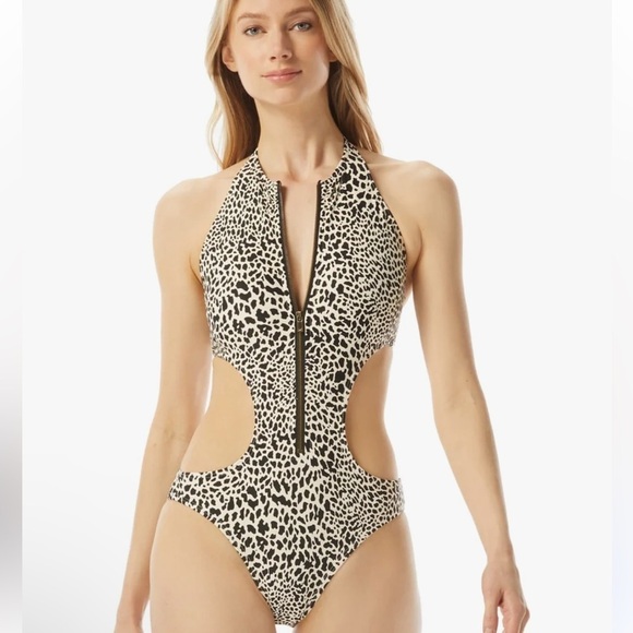 NWT Michael Kors Abstract Animal Print Zip Front Swimsuit Size 12 - Picture 2 of 7